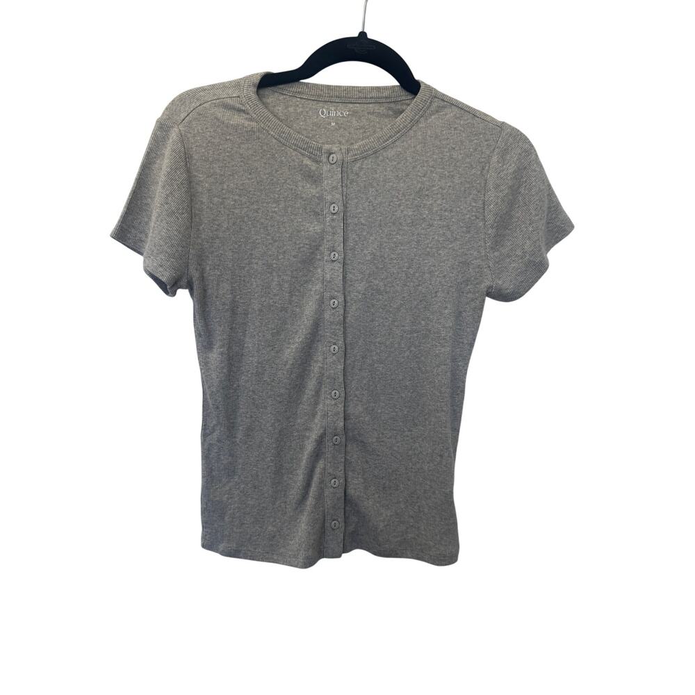 Quince Organic Cotton Rib Button-Front Tee Heather Grey M NWT